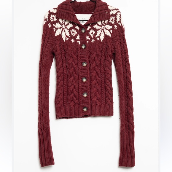 Abercrombie & Fitch Vintage Wool Holiday Sweater Cardigan in Maroon Size Large - Picture 1 of 9